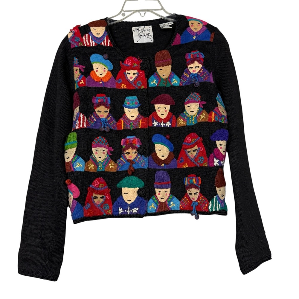 Michael Simon 90’s Rare Vintage People Graphic Patch Cardigan Sweater